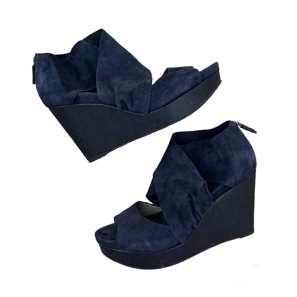 Eileen Fisher Draw Suede Open Toe Navy 4” Platform Wedge Leather Sandals - Picture 2 of 9